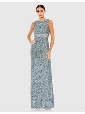 NWT Mac Duggal Slate Blue Sleeveless Sequin Beaded Long Column Gown 14